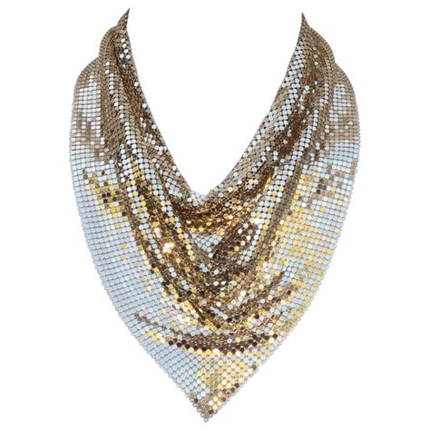 Disco Glam 1970s Whiting And Davis Gold Chain Mail Bib Necklace At
