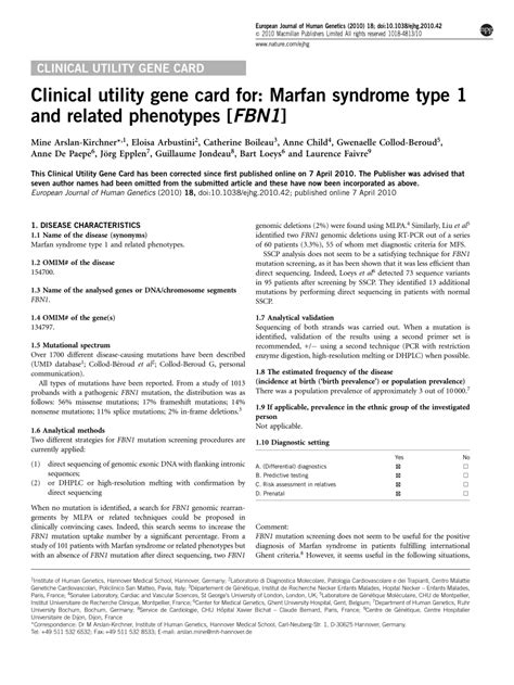Pdf Clinical Utility Gene Card For Marfan Syndrome Type 1 And Related Phenotypes Fbn1