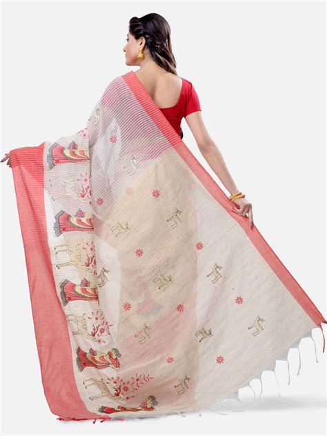 Online Bengali Cotton Handloom Sakuntala Devi Tant Saree Red White