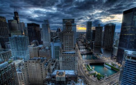 Chicago Usa City Cityscape Building Skyscraper Clouds Sunset River