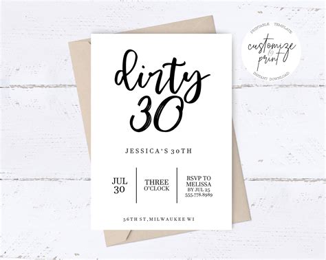 Dirty Thirty Birthday Invitation Editable Template Printable Etsy