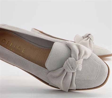 Office Flurry Bow Loafers Light Grey Suede Flat Shoes For Women