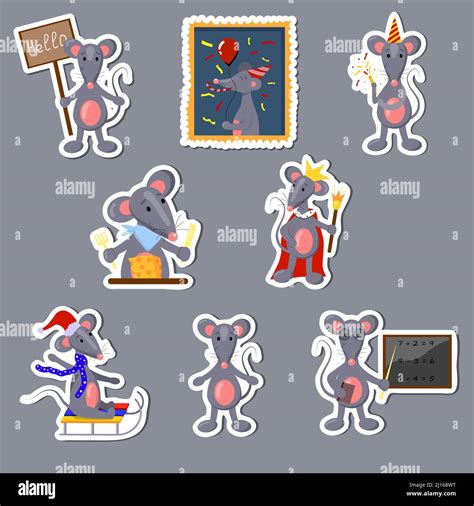 A Set Of Cute Cartoon Rat Stickers Vector Isolated On A White
