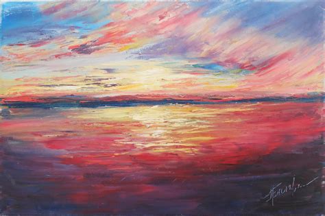 Sea Pink Sunset Original Handmade Oil Painting On Canvas Etsy