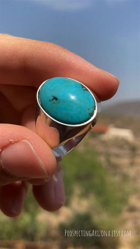 Mens Real Turquoise Ring Cabochon Ring With 18 X 13 Mm Kingman