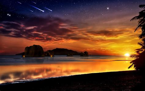 Sunset Ocean Rocks Fantasy Art Scenic Shooting Star