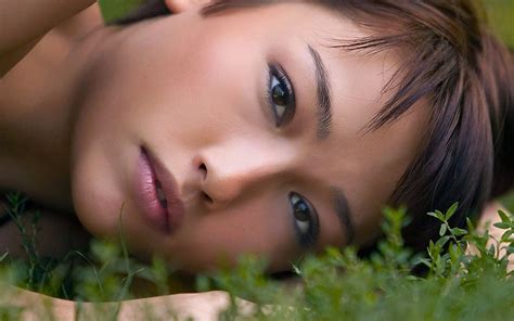 Wallpaper Face Women Model Brunette Grass Asian
