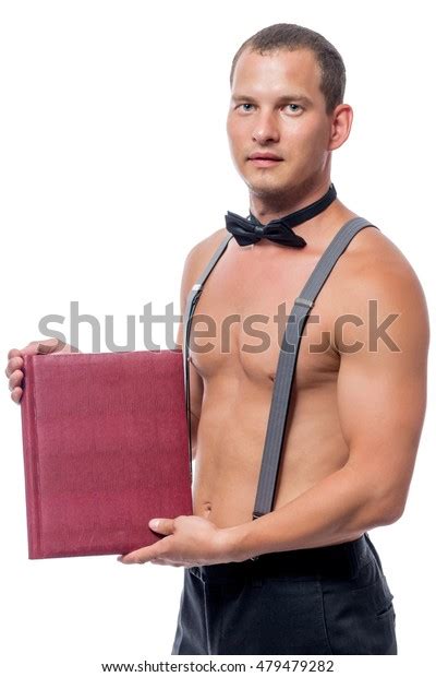Waiter Naked Torso Holding Menu Isolated Stock Photo