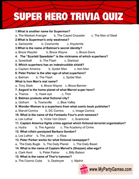 Free quiz questions by questionsgems. Free Printable Superhero Trivia Quiz