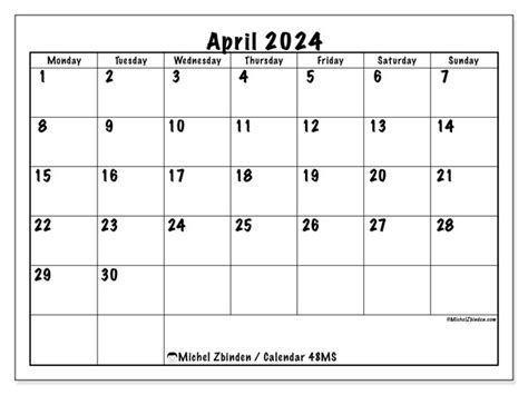 Calendar April 2024 48ms Michel Zbinden Sg