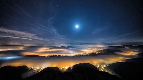 Night Moon Stars Forest Trees Mist City Wallpapers