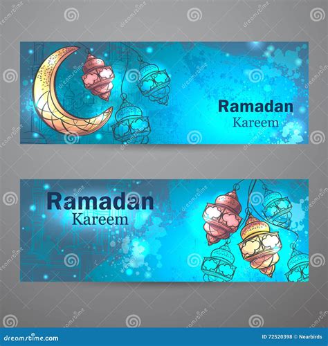 Ramadan Kareem Lamps And Crescent Moon Horizontal Banners Stock Vector