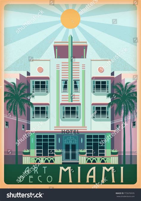 Sunny Day In Miami Usa Handmade Drawing Vector Illustration Art Deco