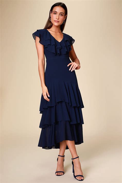 Betsey Navy Blue Ruffled Midi Dress Midi Ruffle Dress Dresses Online