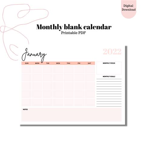 2022 Monthly Calendar Printable Calendar Template Etsy