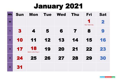 Printable January 2021 Calendar With Holidays Word Pdf Free