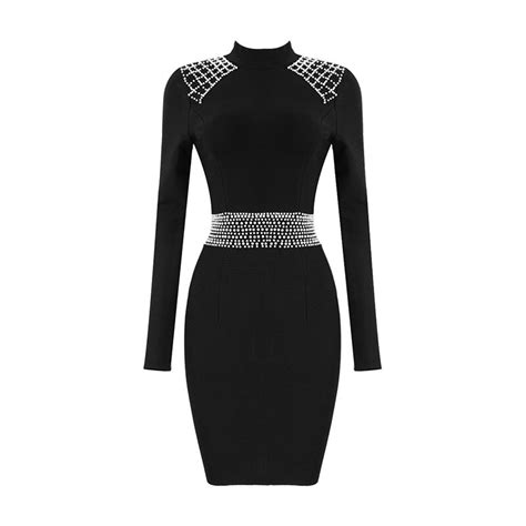 2018 new women winter dress long sleeve high neck luxury beads cocktail party bandage dresses