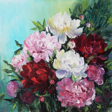 White Pink And Dark Red Peonies Painting By Elena Murtazin Saatchi Art