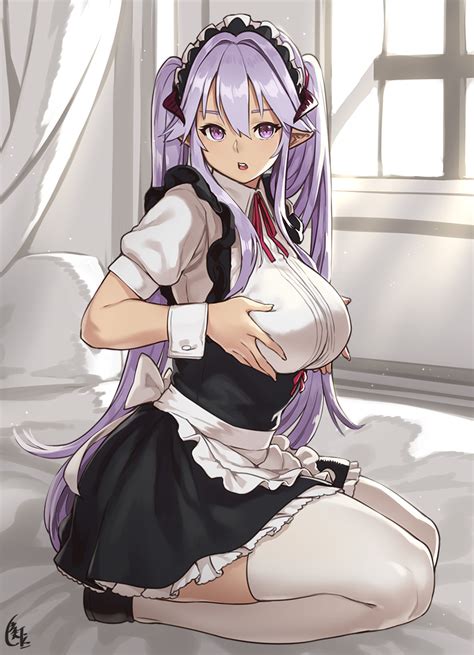 Houtengeki Demon Maid Houtengeki Original Light Purple Hair Highres 1girl Apron Breast