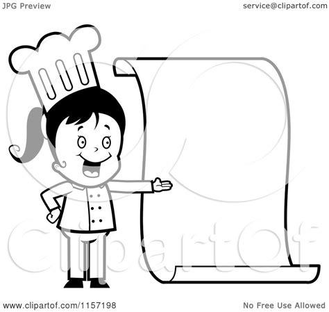Find & download free graphic resources for cartoon chef. Cartoon Clipart Of A Black And White Little Chef Girl Presenting a Blank Menu - Vector Outlined ...