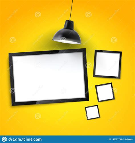 Photo Art Gallery Mockup. Picture Frame On Yellow Wall With Hanging Lamp. Blank Photo Frame Or ...