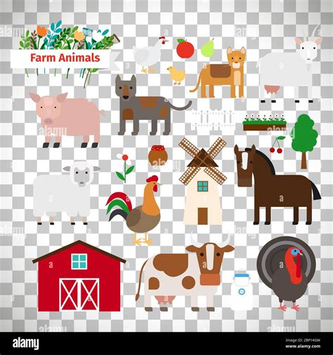 Farm Animals In Flat Style Isolated On Transparent Background Vector