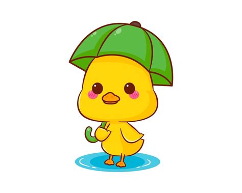 Premium Vector Cute Mascot Duck With Umbrella In The Rain Cartoon