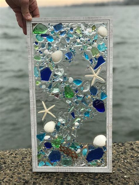 Mosaic Coastal Window 21x 11 Mixed Media Sea Etsy Sea Glass Mosaic Beach Glass Art Glass Art