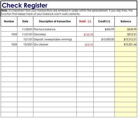 Free Excel Check Register Template