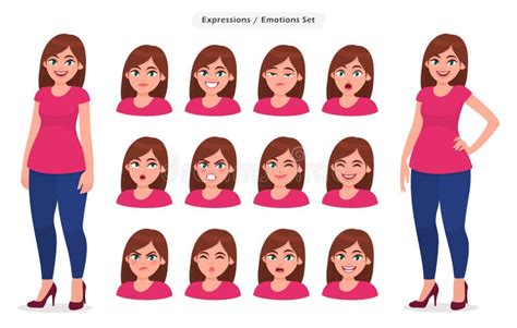 Set Kobiety ` S Emocje Wyraz Twarzy Dziewczyny Avatar Wektorowa Ilustracja Kreskwka Styl
