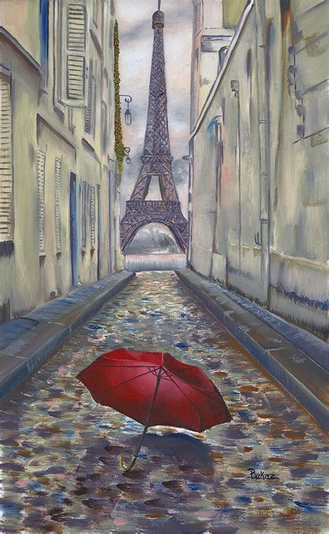 Eiffel Tower Paris Painting Red Umbrella Rain Eiffel Tower Painting
