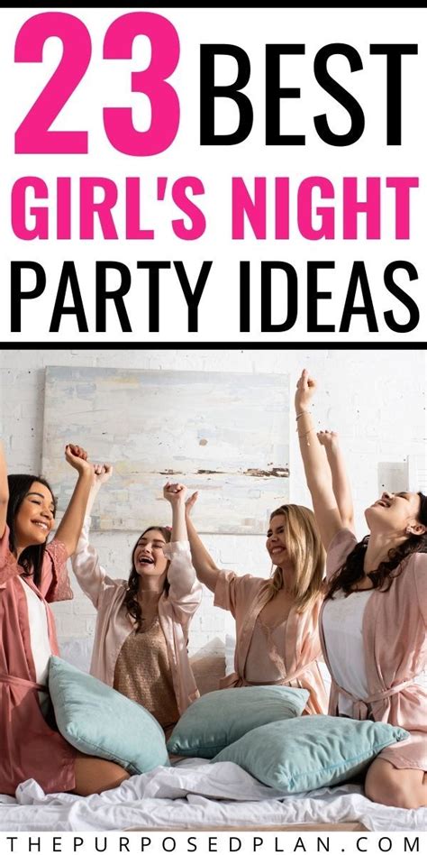 Three Girls Sitting On A Bed With Their Arms In The Air And Text That Reads 23 Best Girlsnight