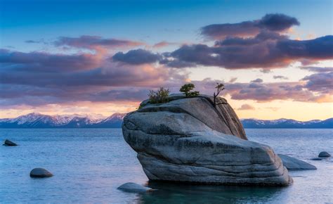 Gray Rock Monolith With Trees Surrounded By Water Lake Tahoe Hd