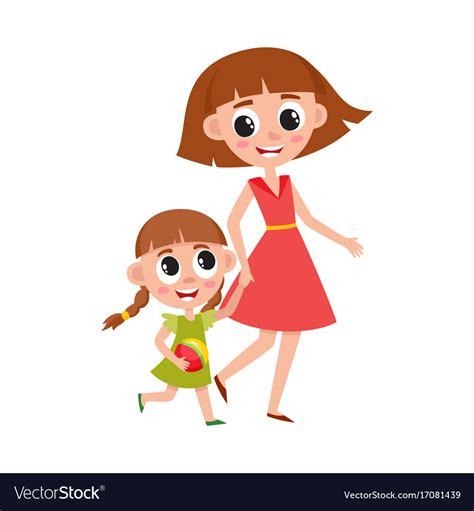 Mother And Daughter Little Girl Walking With Mom Vector Image