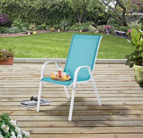 Hanover brigantine 9 piece aluminum outdoor dining set with an xl cast top table and 8 slingback chairs brigdn9pc the home. Mainstays Outdoor Patio Sling Mesh Chair, Stackable, Aqua ...