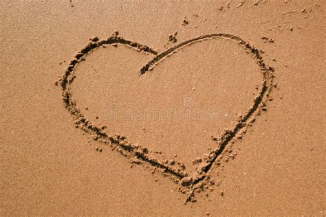 Heart Drawn Heart Symbol On Sand Seacoast Golden Sand Beach Close Up