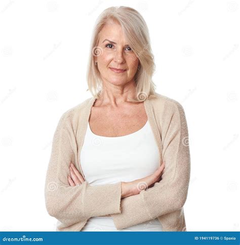 Portrait Of Beautiful Mature Woman Isolated On White Stock Photo