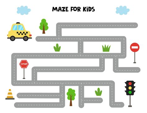 Maze Game For Kids Help Taxi Car Get To The Traffic Lights Worksheet