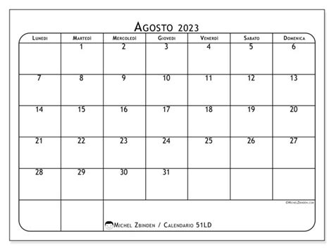 Calendario Agosto 2023 Da Stampare 501LD Michel Zbinden IT