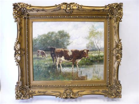 R L Johnston At The Watering Hole Oil On Canvas Of Cows In A