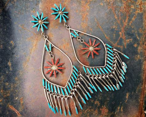 4 Long Large Turquoise Coral Zuni Needlepoint Chandelier Earrings