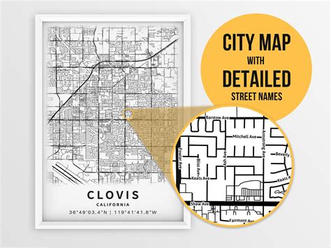 Printable Map Of Clovis California Ca United States With Etsy