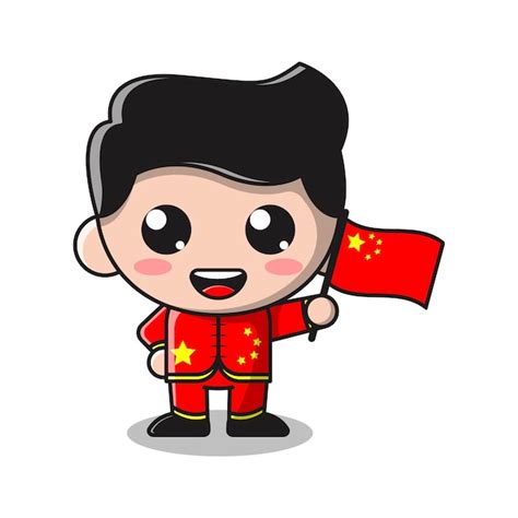 Premium Vector Cute Boy Holding Flag Of China Cartoon Illustration