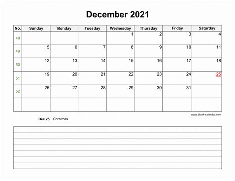 Download December 2021 Blank Calendar With Space For Notes Horizontal
