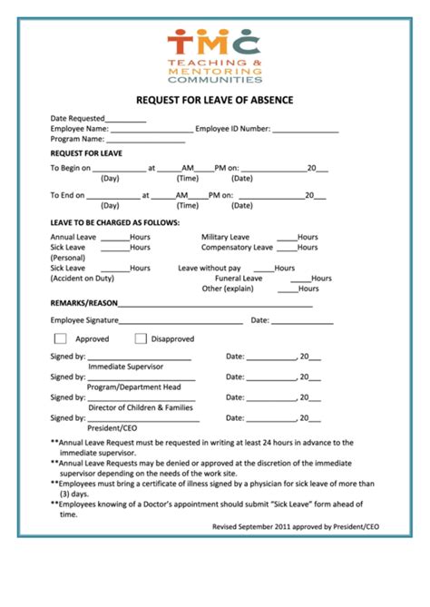 Fillable Request For Leave Of Absence Printable Pdf Download