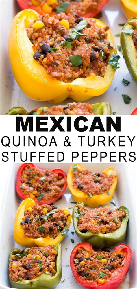 Mexican Quinoa And Turkey Stuffed Peppers In A Casserole Dish With Text