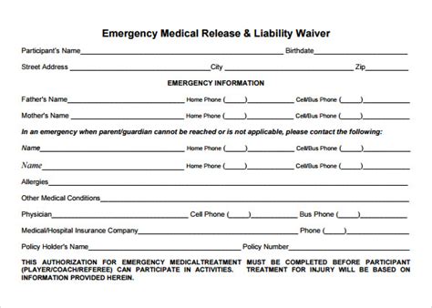 sample medical waiver forms   ms word