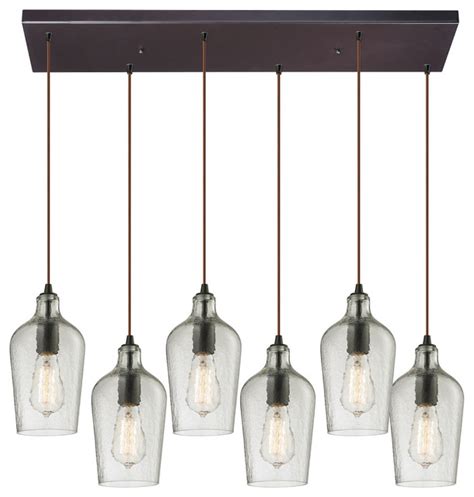 Hammered Glass 6 Light Pendant In Oil Rubbed Bronze And Clear Glass Transitional Pendant