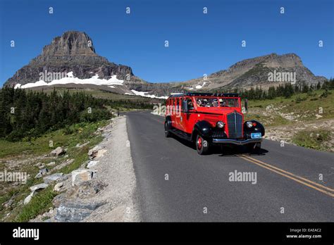 Red Bus Tour On The Going To The Sun Road At Logan Pass Glacier