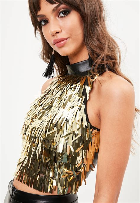 Missguided Synthetic Gold Sequin Crop Top In Metallic Lyst